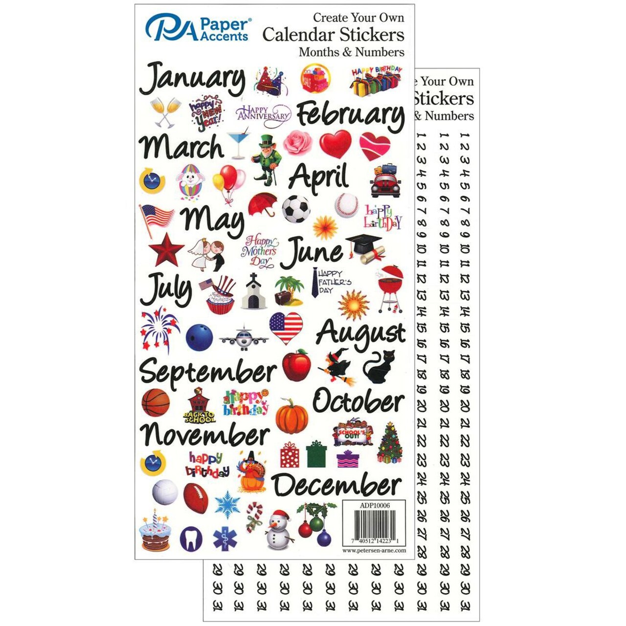 Paper Accents Calendar Sticker Month & Number, Large, Color, Planner Essentials monthly planner stickers, calendar stickers include months, Numbers and holiday celebrations in color.